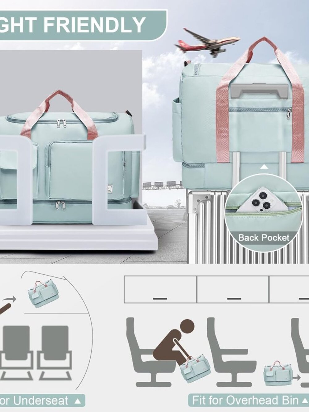 Large Travel Duffle Bag, Carry On Weekender Bag with Shoe Compartment, Gym Tote - Picture 5 of 7